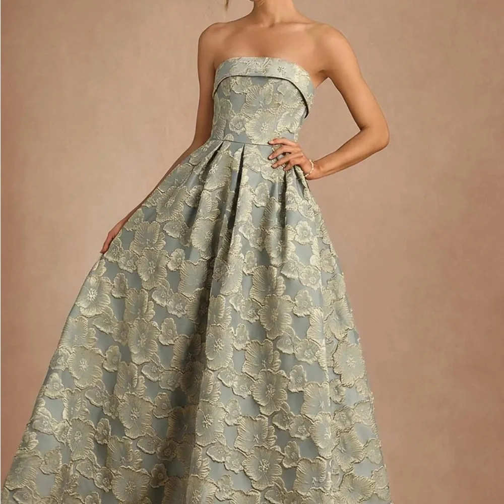 Azazie Florentine Strapless Floral Gown in Blue and Gold 10 floor length - Picture 4 of 9